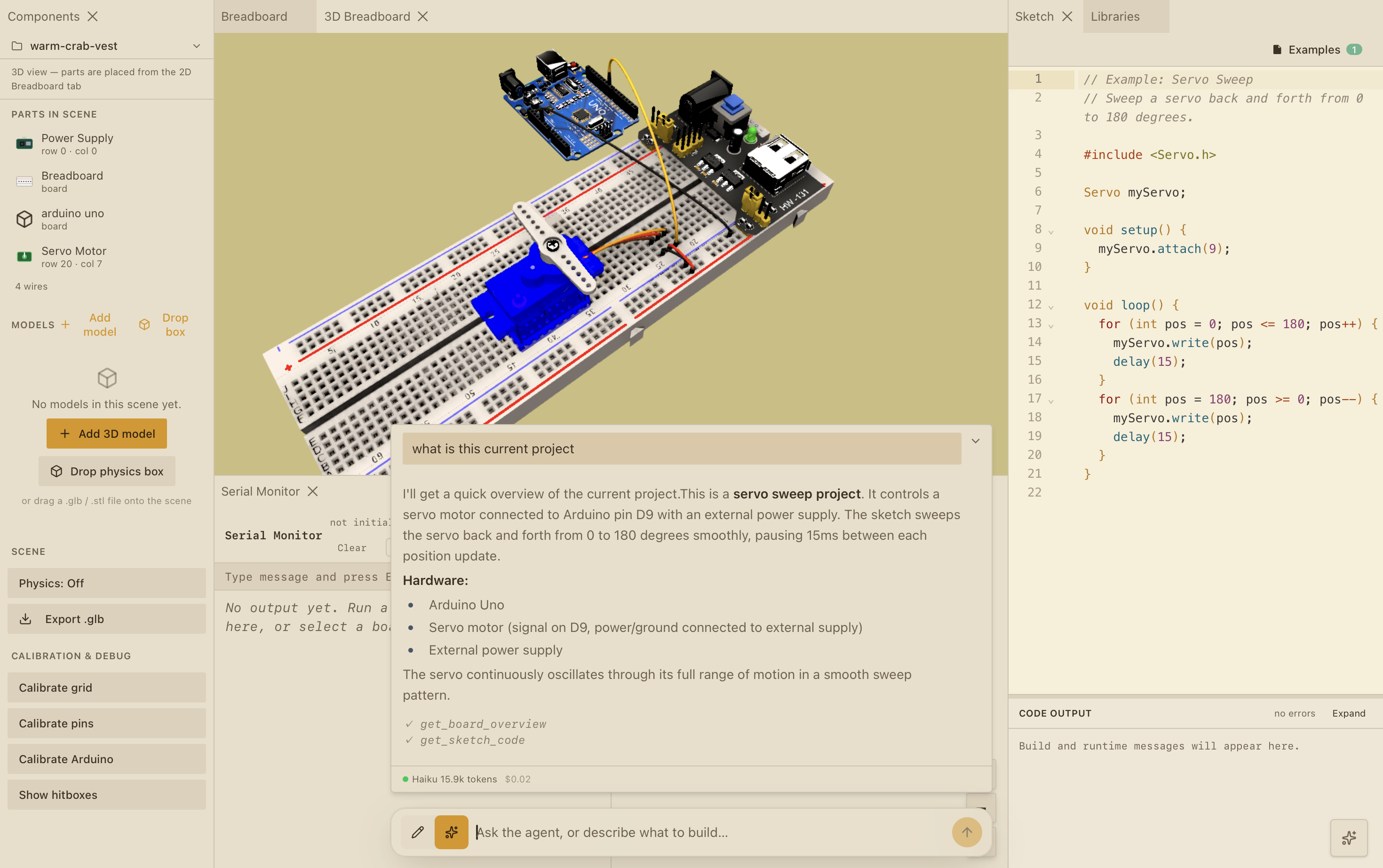 The Breadbox workspace showing an Arduino Uno and servo on the 3D breadboard beside the sketch editor