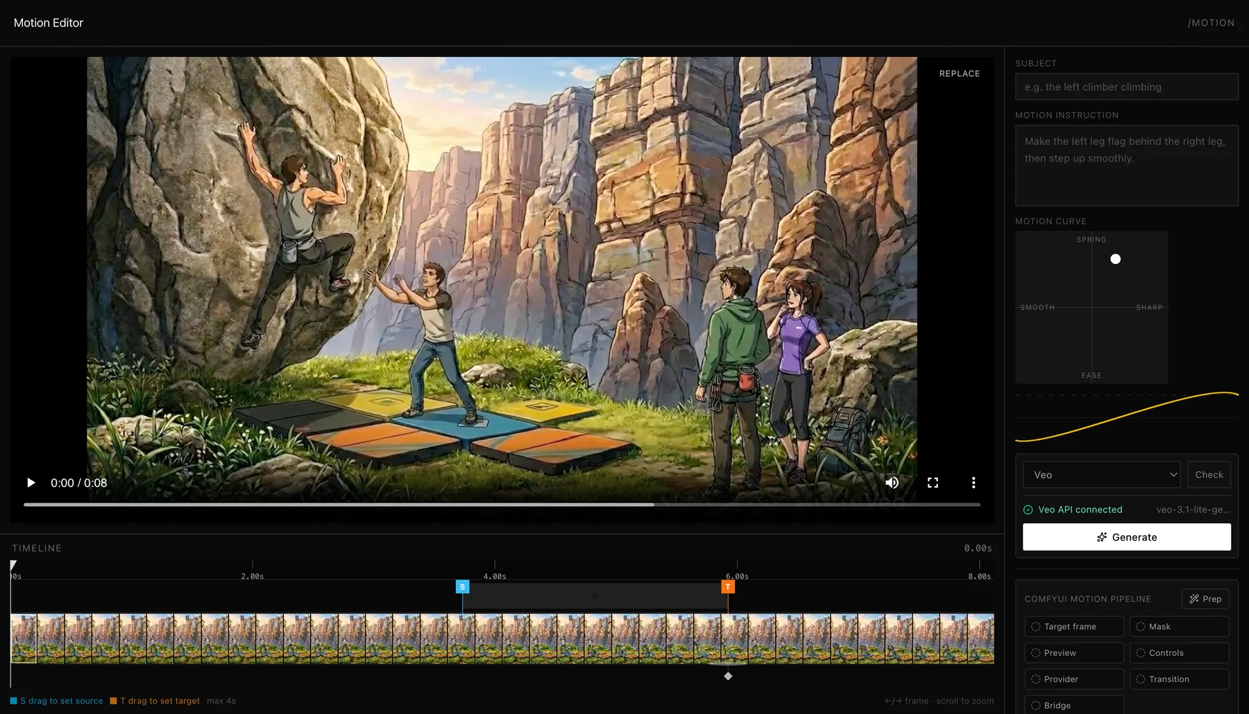 Motion Editor interface with video preview, timeline, motion controls, and generate panel
